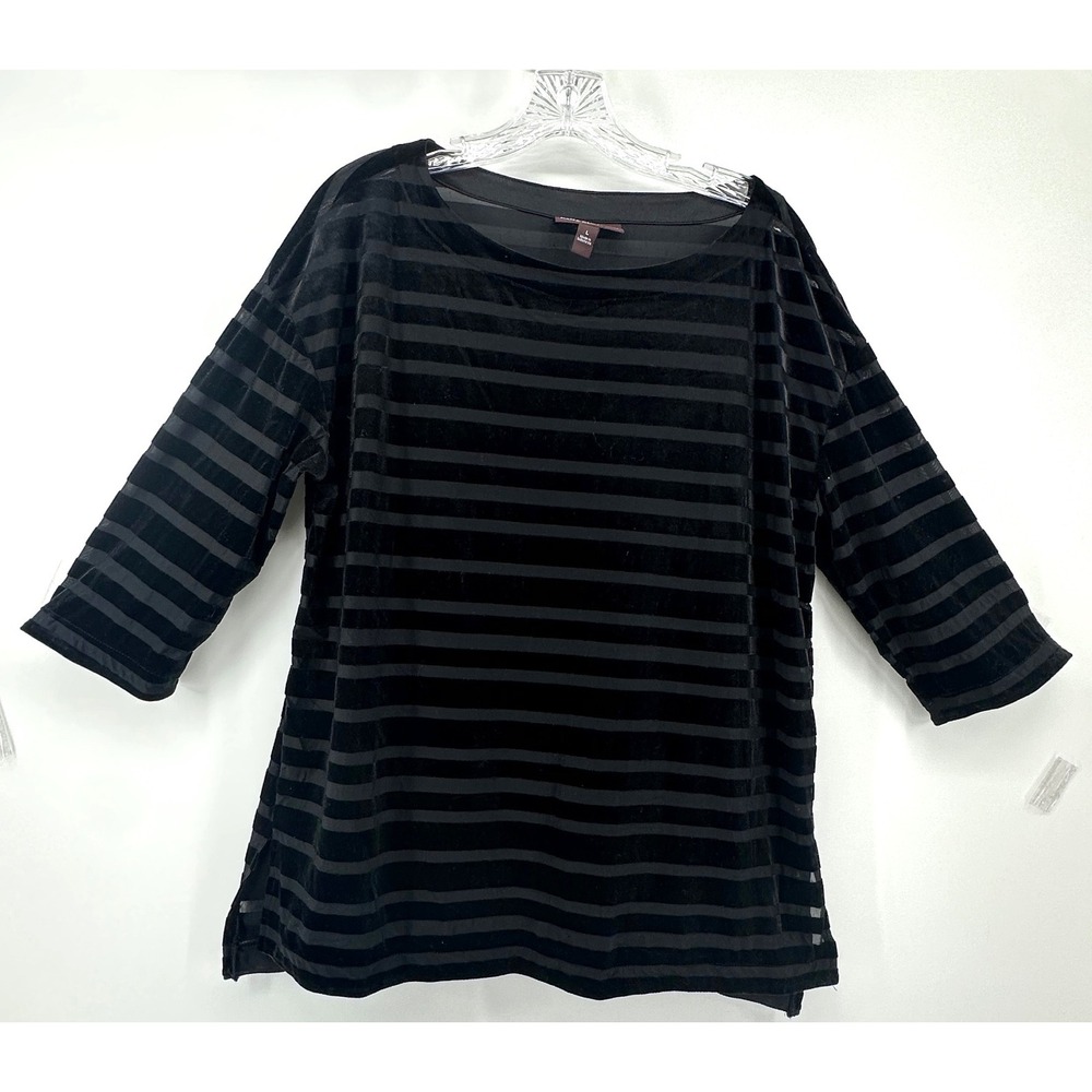 Dana Buchman Black Velvet Burnout Striped Top Boat Neck 3/4 Sleeve Blouse L